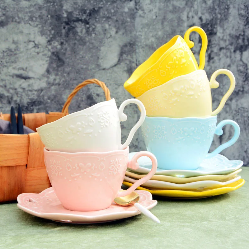 

Hot Sale Cheap Exquisite Creative European Style Embossing Ceramic Coffee Cup and Saucer Home Simple afternoon Tea Cup