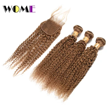 

Wome Burmese Curly Bundles With Closure #27 Honey Blonde Color Human Hair Weave 3 Bundles With 4X4 Lace Closure Double Weft Hair