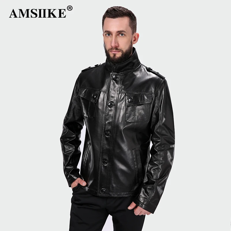 AMSIIKE 2017 Мужская Чёрная Кожаная Куртка Воротник Стойка A13256|jacket jacket|jacket leather jacketjacket
