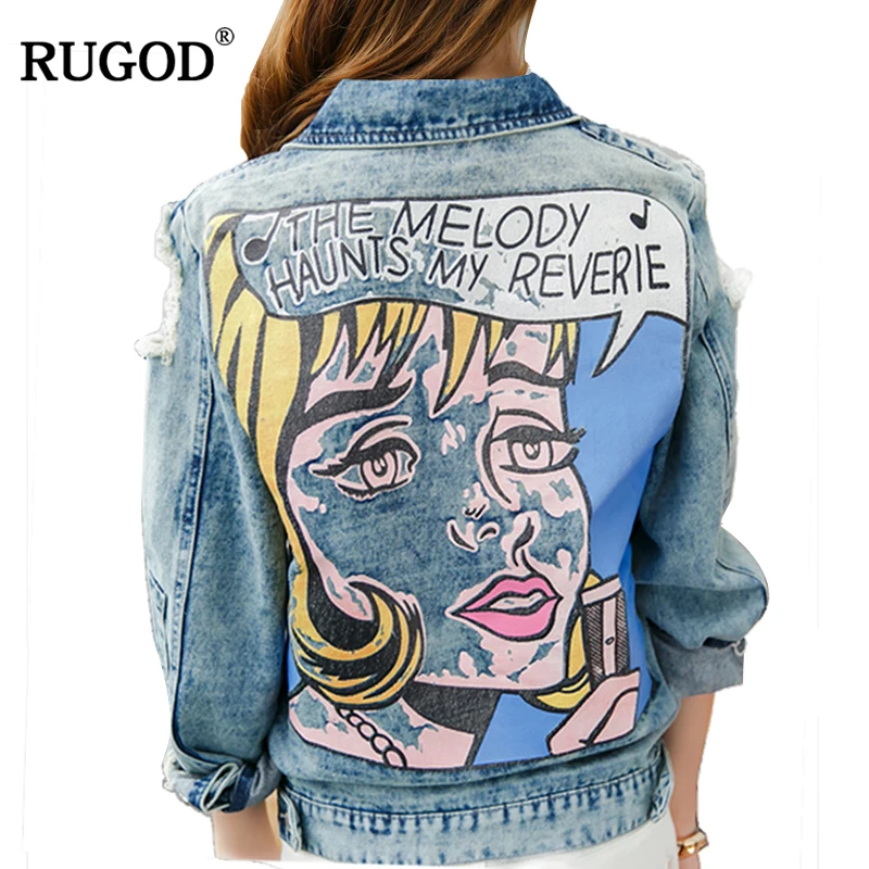 RUGOD 2018 Vintage Funny Print Jean Jacket Women Ripped Hole Long Sleeve Bomber Jackets Casual Spring Autumn Short Denim Jacket