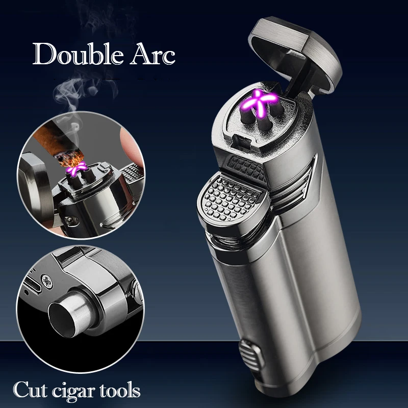 

Flameless Electric Rechargeable Lighters USB with Cigar Cutter Double Arc Electronic Cigarette Cigar Lighters Plasma Windproof