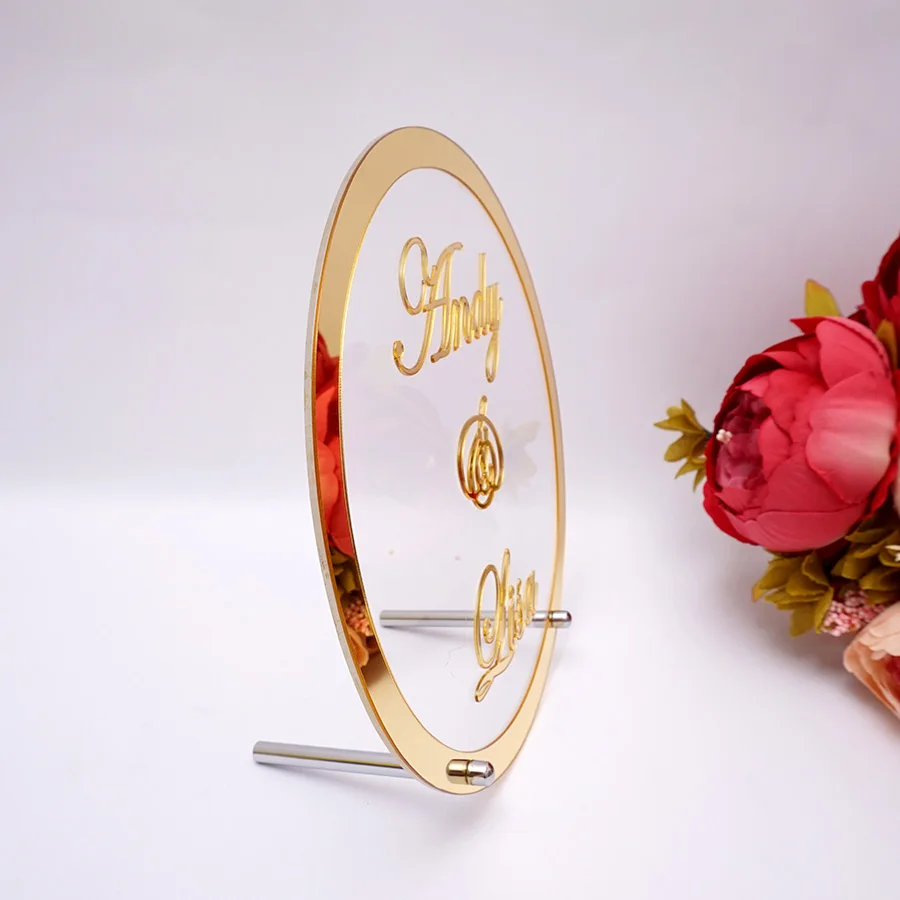 Makeup Mirror Wooden Wedding Table Cards Room Decoration Round Wedding Name Personalized Mirror Frame Acrylic Babyshower Word Sign Circle Shape Party Decor With Nail Guest Gifts
