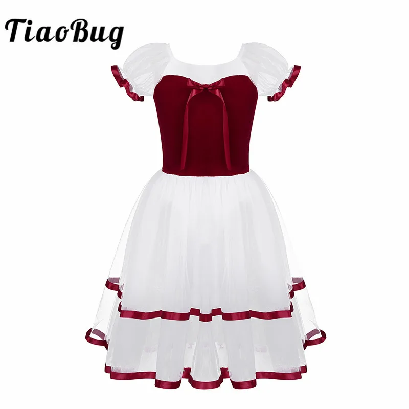 Skup TiaoBug dla dzieci dziewczyny ażurowe Puff rękawem aksamitne gorset profesjonalne Tutu trykot baletowy długa sukienka Lyrical kostium taneczny