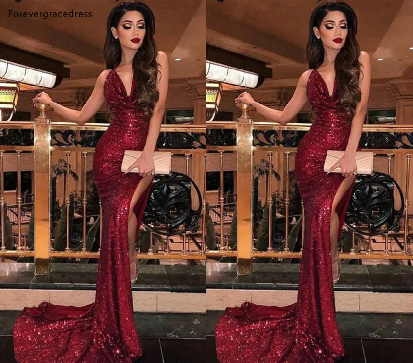 Gorgeous Burgundy Sequined Split Evening Prom Dresses Sexy Mermaid Deep V Neck Long Vestidos Evening Gowns Cheap BC0866  119 (4)