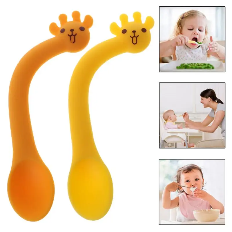 

Baby Spoon Feeding Practice Training Silicone Cutlery Dishes Food Deer Cartoon Soft Elastic Heat Resistance Spoons AccessorieS