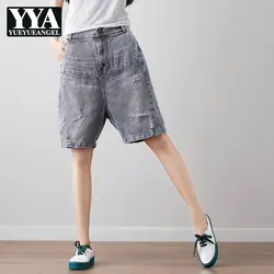 Лето 2019 г. повседневные шорты джинсы для женщин для Винтаж рваные серый по колено джинсовые широкие брюки фитнес Persinalized короткие Feminino