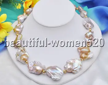 

Z8074 34mm Lavender-golden BAROQUE KESHI REBORN PEARL NECKLACE 19inch