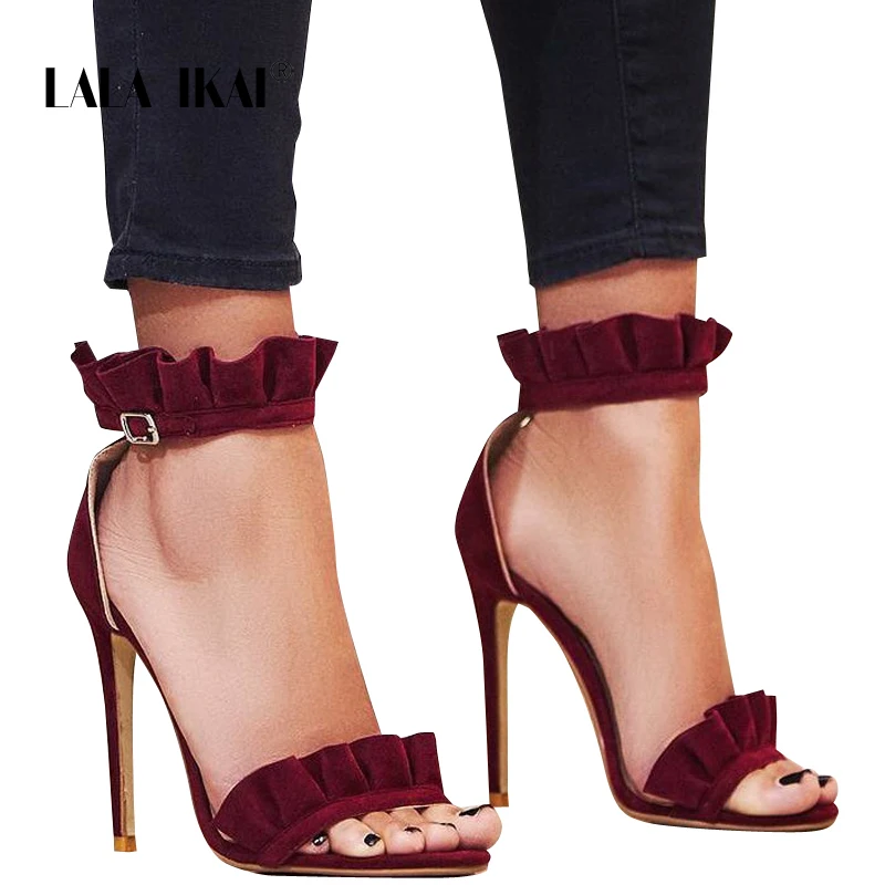

LALA IKAI High Heels Sandals Women Ruffle Sandals Fashion Summer Thin Heels Buckle Strap Ladies Wedding Party Shoes XWC1023-5