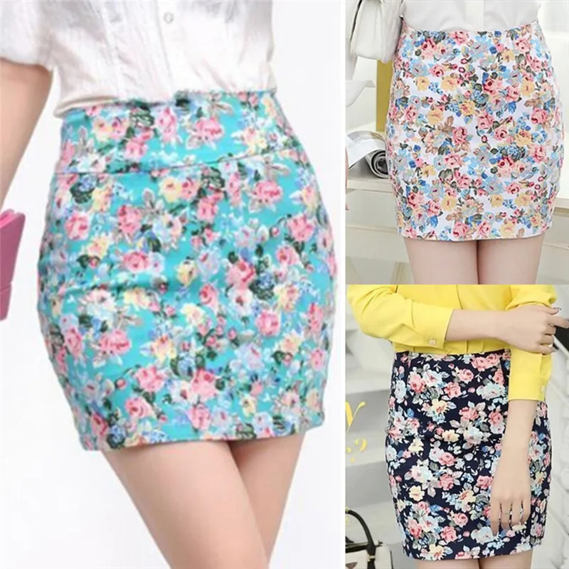 

Spring Summer Girl Printing Short Skirts Sexy Hip Blue Red High Waist Office Lady Cloth Flower Floral Printed Women Skirt