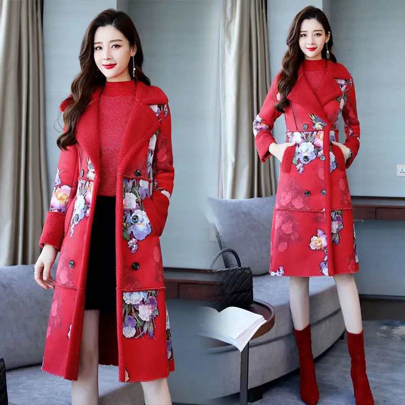 Fashion Elegant Printing Suede Lambs Wool Women Winter Jacket Parka Feminina Thick Long Coat Women Cotton Winter Jackets C5103