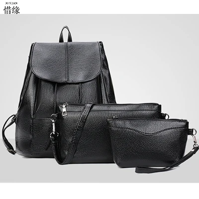 3pcs set Famous Brand lady Backpack Women Backpacks female Solid Vintage Girls School Bags Black PU