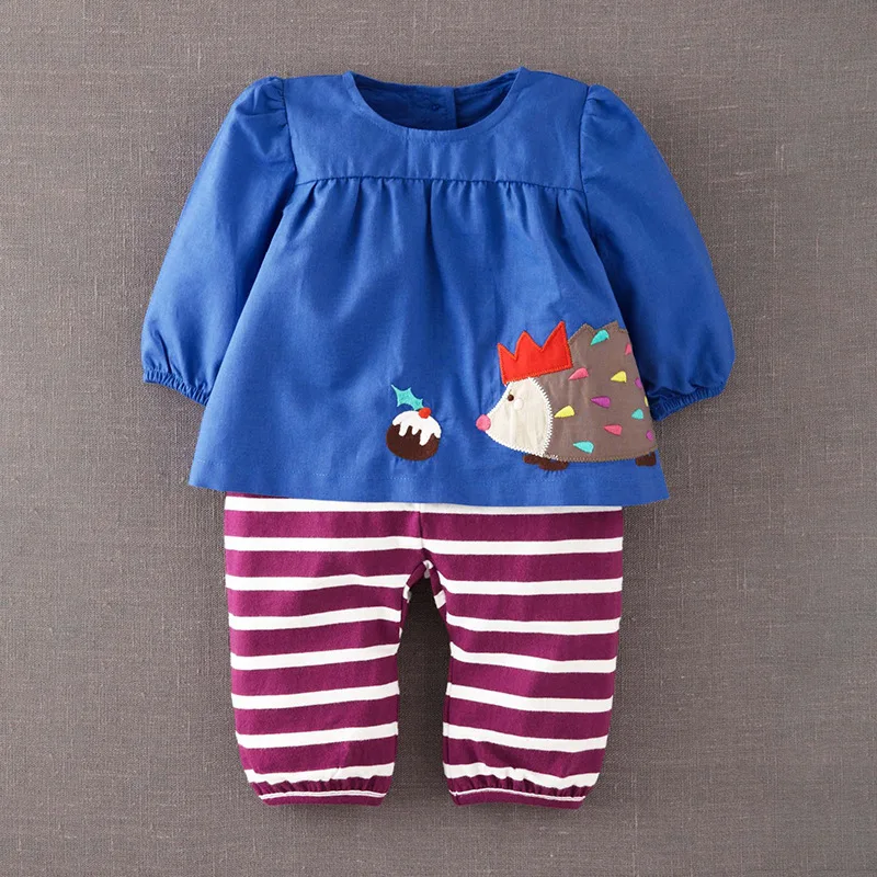 

Little Maven New Spring Autumn Kids Blue Applique Hedgehog Woven Pants Striped Cotton Knitted Girls Long-sleeved Blouse Sets