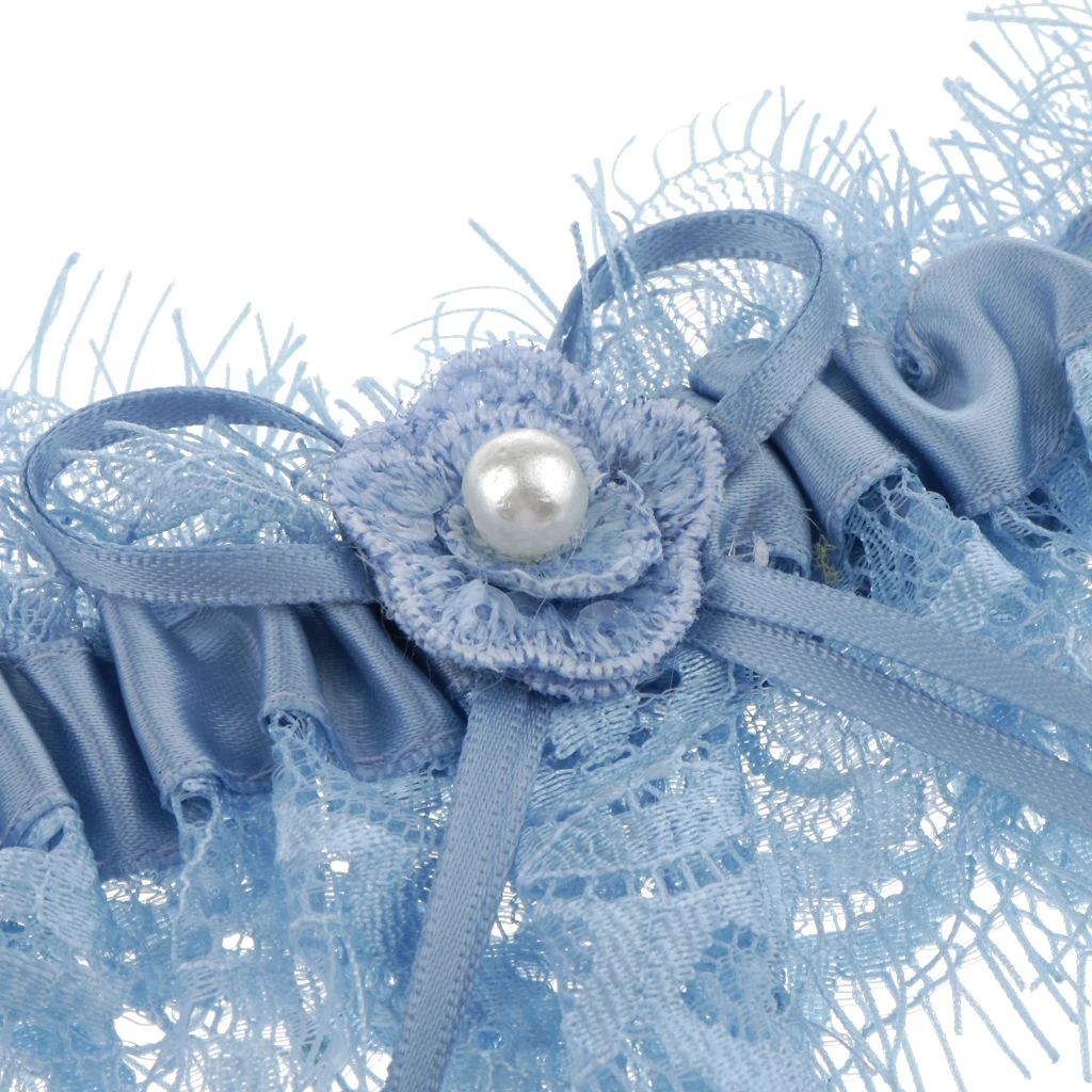Elegant Wedding Bridal Lace Pearls Garter w/ Bow Knot Trim Bride to Me Hen Night Party Theme Dress Wedding Party Decor Blue 