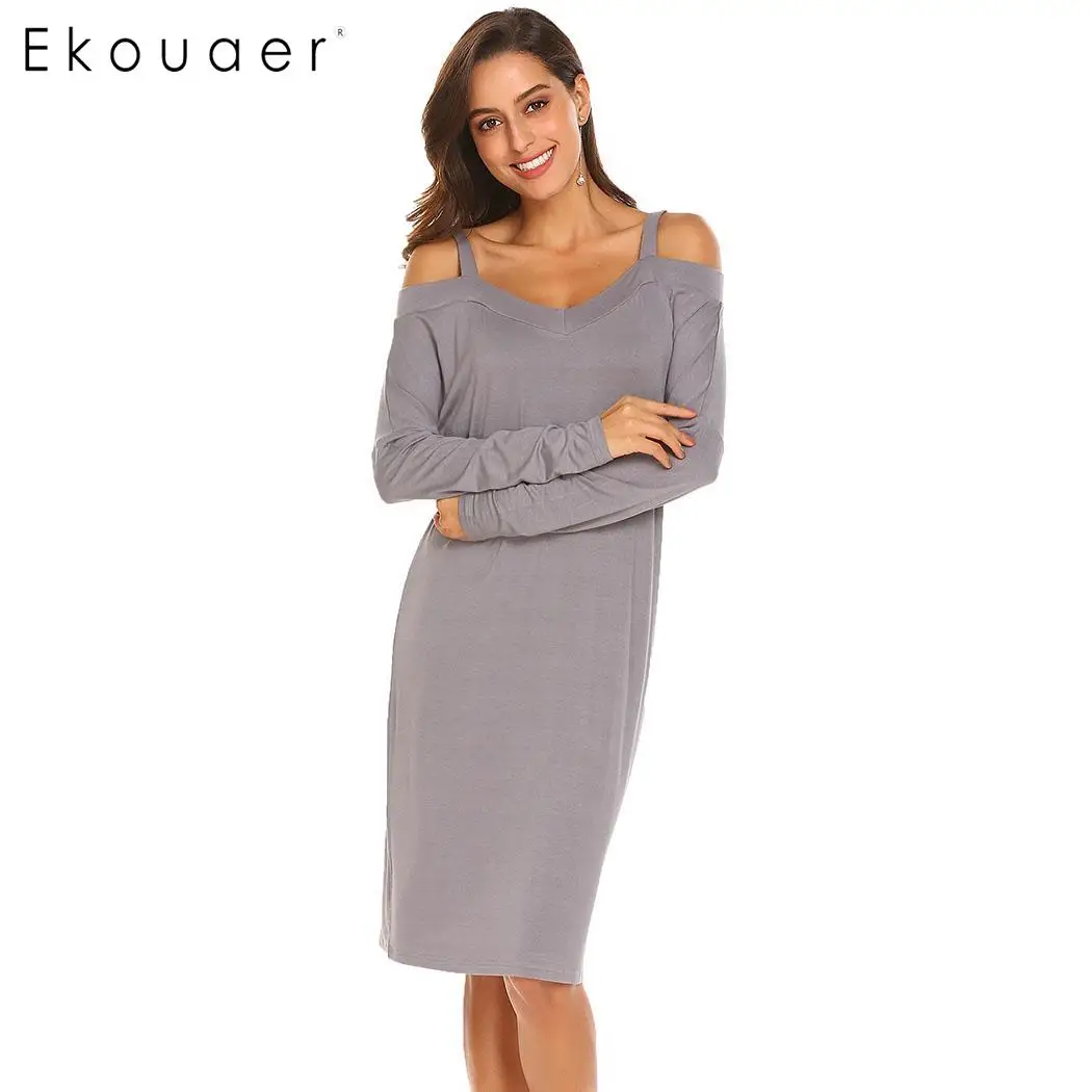 

Ekouaer Women Sleepwear Nightgown V-Neck Cold Shoulder Long Sleeve Solid Loose Fit Casual Lounge Wear Dress Nightwear
