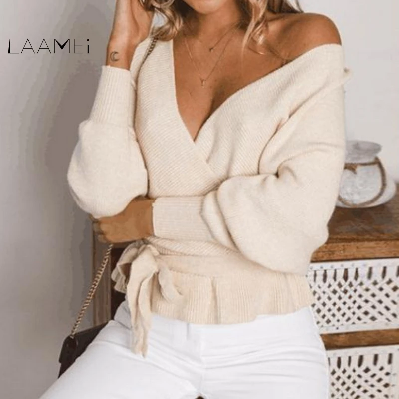 

Laamei Autumn Winter Casual Long Sleeve Oversized Knitted Sweater V Neck Hollow Out Backless Sexy 2018 Christmas Women Jumper