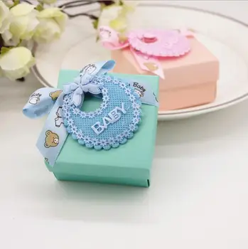 

24Pcs/lot DIY Paper Wedding Gift Christening Baby Shower Party Favor Boxes Tiffany Babyshow Candy Box with Bib Tags & Ribbons