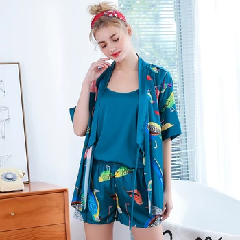 

Women Rayon Sleep Pyjamas Set Print Flower Faux Silk Pajamas Suit 3PCS Summer Short Sleeve Babydoll Sleepwear Nightwear M-XL