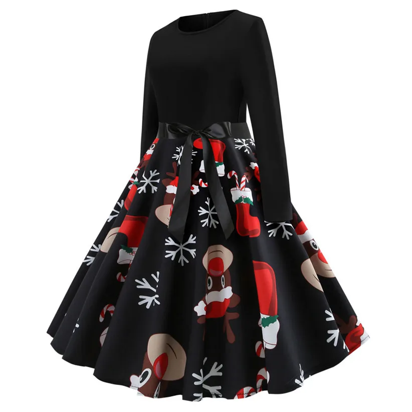 Дизайн, Женское зимнее рождественское большое свободное платье с принтом лося, винтажные элегантные женские платья для рождественских вечеринок 81114