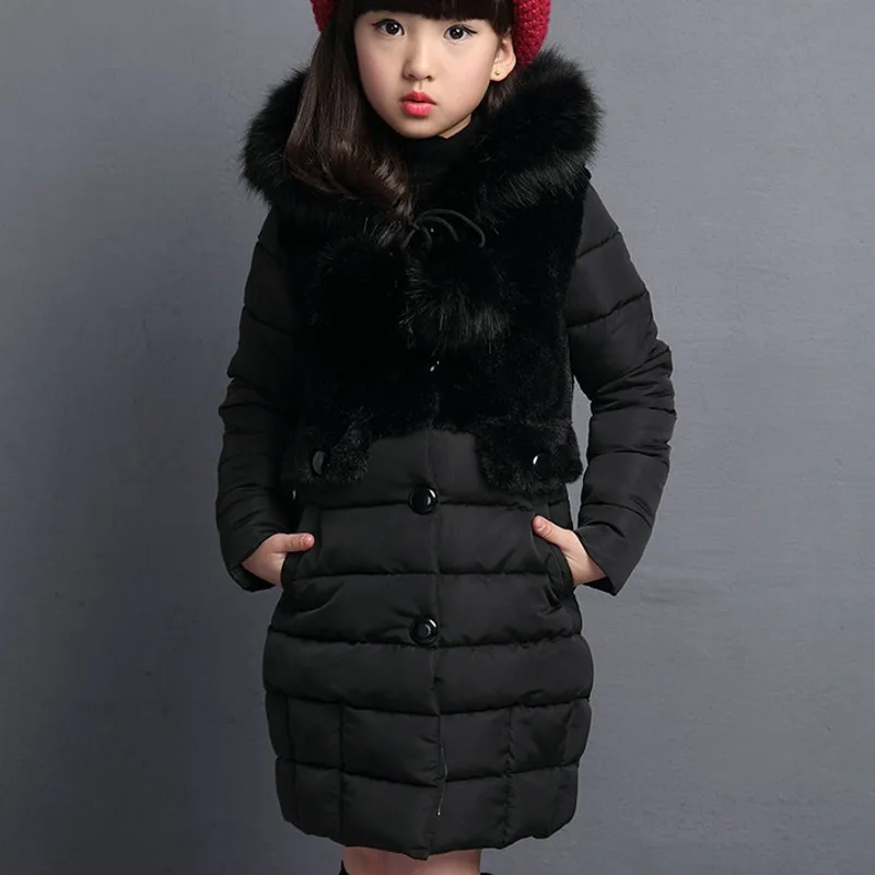 Новинка; с меховым капюшоном детская зимняя куртка для девочек, теплые куртки Зимнее пальто для девочек 7WT017