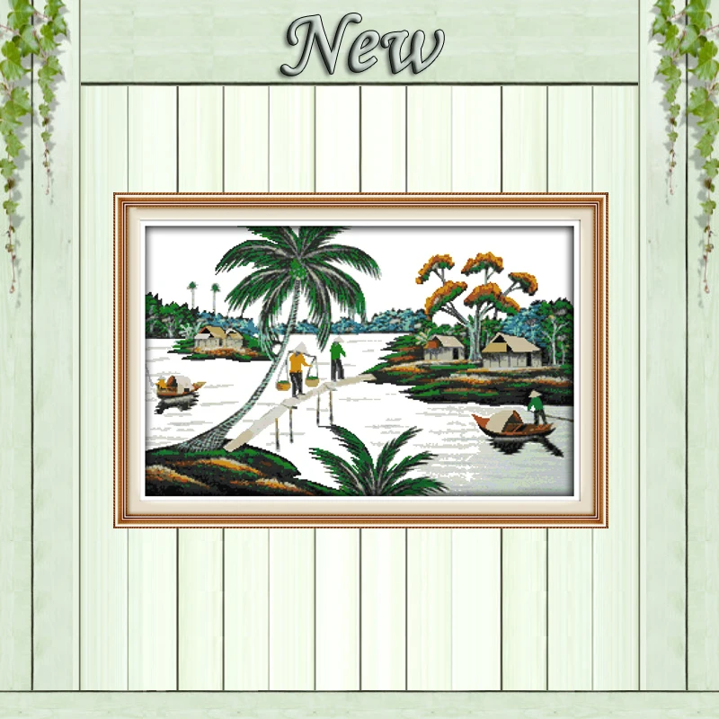

Hometown riverside Vietnam scenery painting counted print on canvas DMC 11CT chinese Cross Stitch Needlework Set Embroidery kits