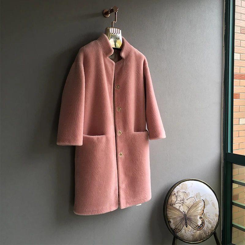Femmes Marque Longue black Pink Beige Véritable light wine Luxe pink Manteaux D'hiver Veste red Naturel Épais Fourrure Mouton De Col 2018 Oftbuy Laine grey brown Parka Red Manteau Debout Zpxvpz