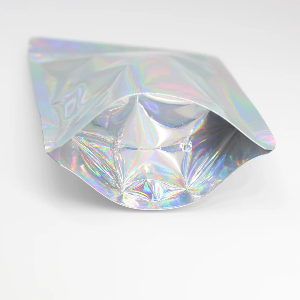 Thick 50pcs Aluminum Foil Laser Zip Lock Pouch Clear Hologram Rainbow Stand Up Zip Lock Plastic Packaging Bag with Tear Notch 4