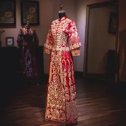 Мода красное золото Для женщин феникс вышивка Чонсам Ципао китайский женский халат Китайский традиционный свадебный платье восточные