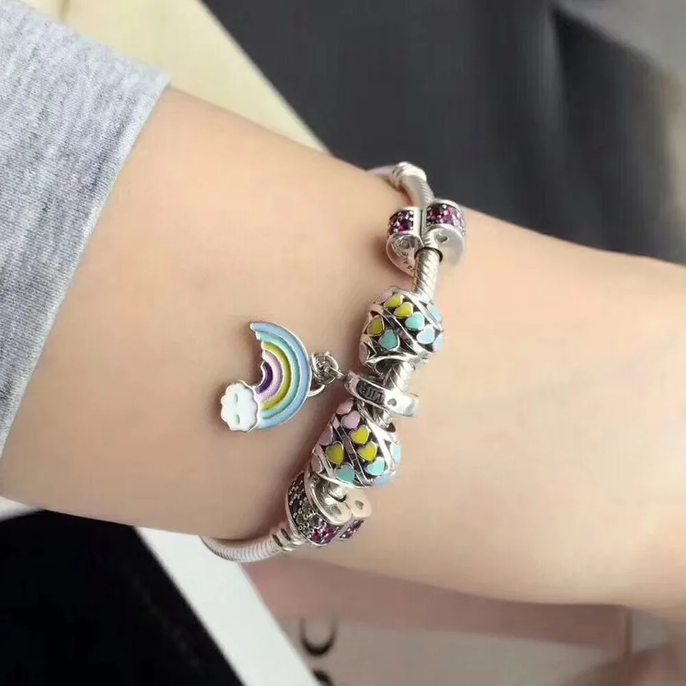 

2019 European Bracelets Girls DIY Rainbow Bracelet Heart Spring Series Precious Fashion Jewelry Gift 16-22cm
