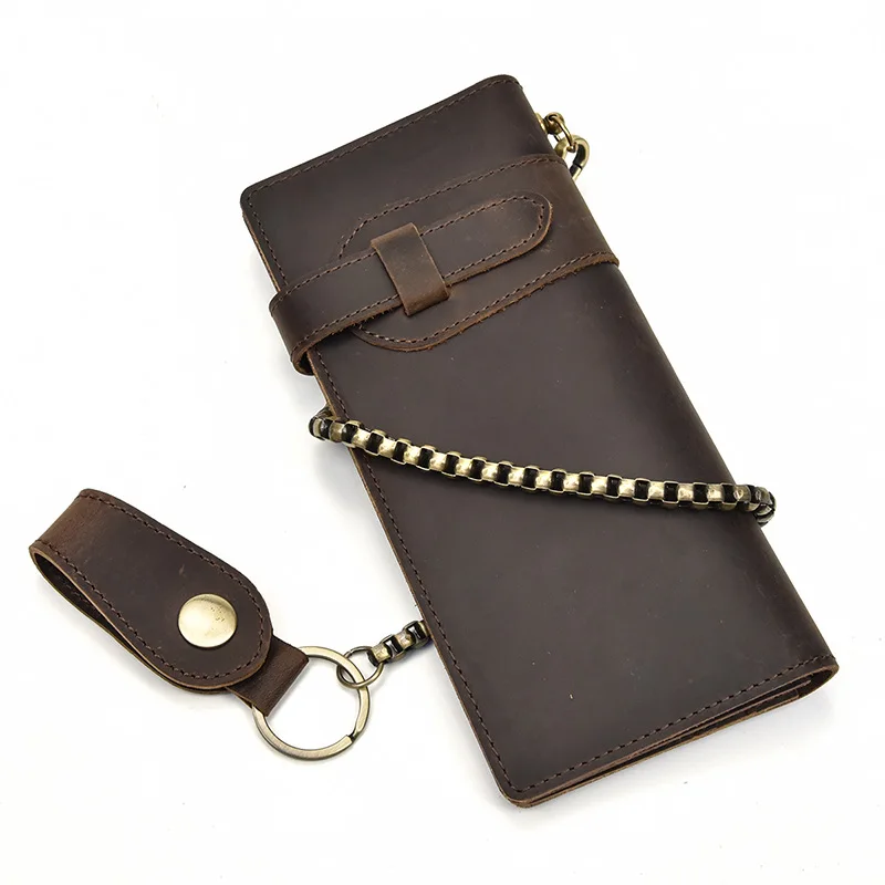 

High Quality Crazy Horse Real Cow Genuine Leather Long Wallet Retro Solid Business Chain Waist Clutch Bag Male Cowboy Purse