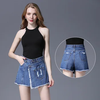 

2020 Summer New Arrival Chic High-waist Irregular Jeans Short With Holes And Fur Edges Stitching A-shaped Jeans Skirts Shorts