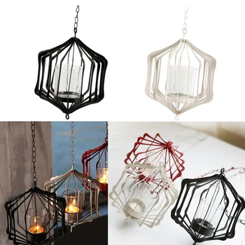 

2pcs Vintage Metal Hanging Candlestick with Cup, Iron Ceiling Chandelier 3D Geometric Candle Holder Candlestick Set F