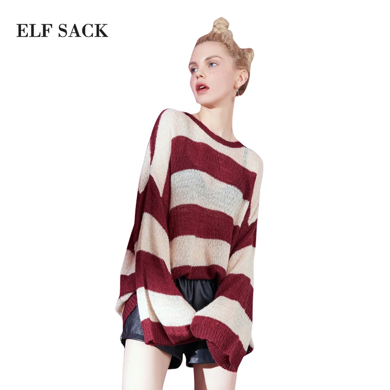 Эльф SACK стильный женский вязаный свитер ручной вязки женский полосатый See through Сексуальная Свитер оверсайз широкий свитер с расклешенными