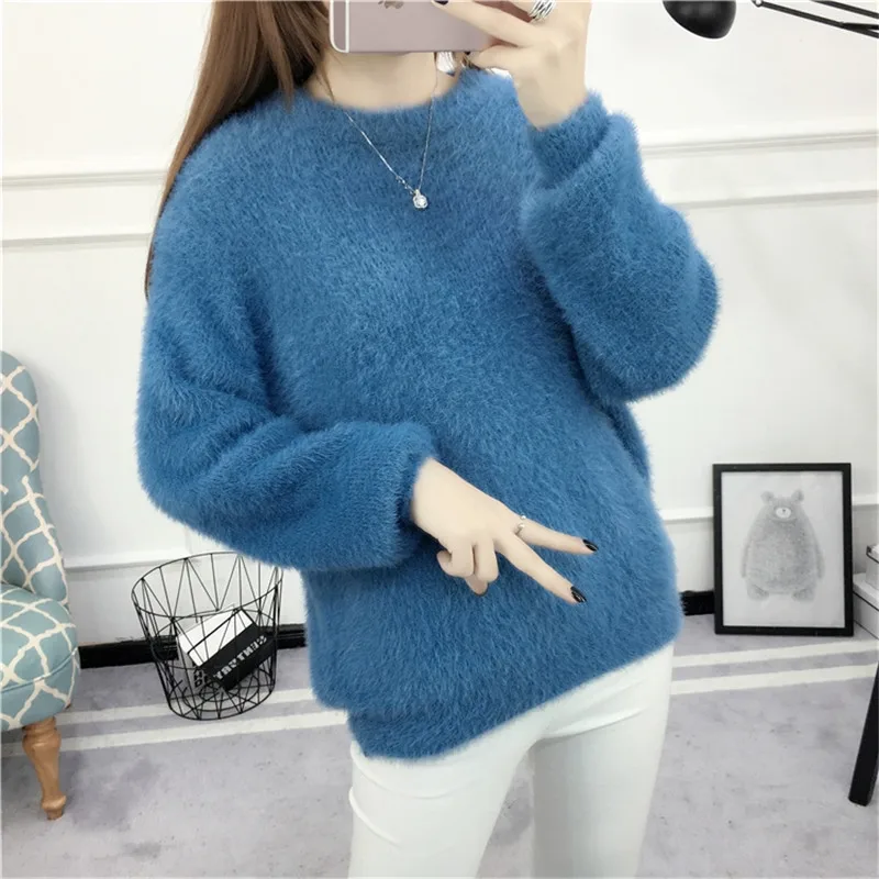 

Autumn Winter Faux Mink Velvet Sweater Women Thicken Knitted Mohair Sweater Pullover Jumper Pull Femme Knitwear Sweaters C3795