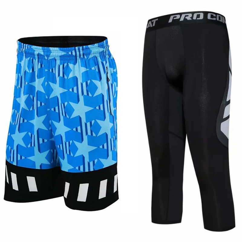 Мужские спортивные дышащие шорты для бега с карманами на молнии, баскетбольные шорты для бега, быстросохнущие спортивные шорты для мужчин - Цвет: Blue Shorts Set