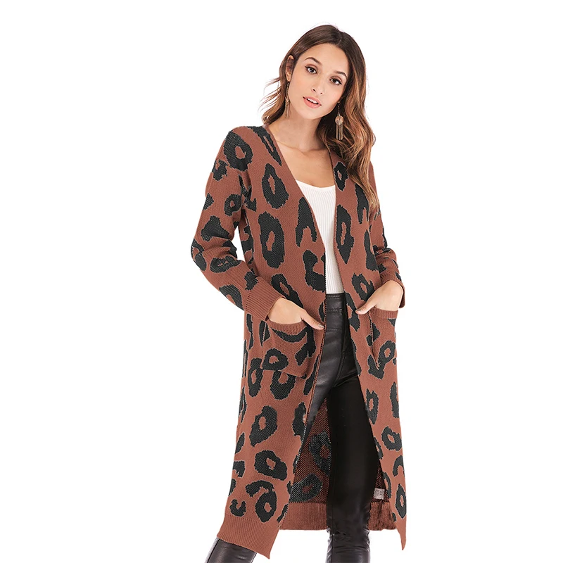 Леопардовый длинный кардиган для женщин, дизайнерский весенний, осенний, зимний женский свитер, пальто, модный Теплый Вязаный Кардиган с длинным рукавом CDR551