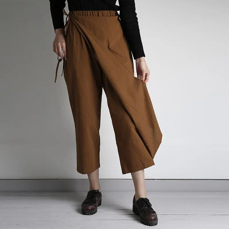 Юбки размера плюс, брюки для женщин, японский стиль, высокие брюки с эластичным поясом, Женские Широкие штаны Harajuku Pantalon Femme - Цвет: Коричневый