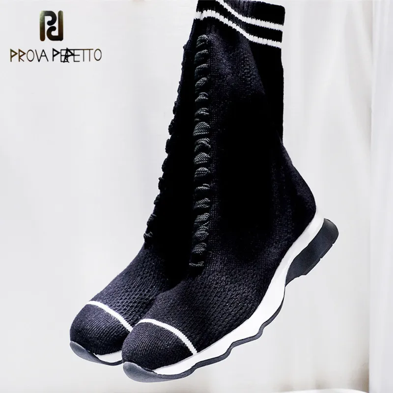 

Prova Perfetto New Luxury Brand Women Socks Boots Zebra Stripe Designer Shoes Women High Mid-Calf Boots Elastic Slim Flats Boots