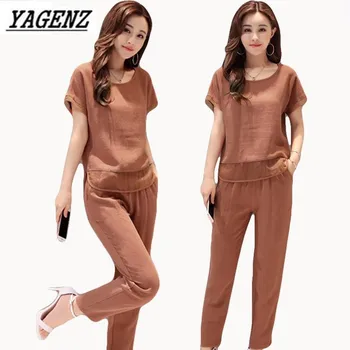 

Fashion 2 piece set Women's Cotton linen Suit sets 2019 Summer Short sleeve O neck Tops+pants lady Large size Clothing sets 4XL