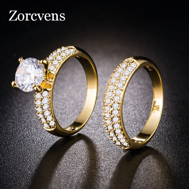 

ZORCVENS 2pcs/set Gold and Silver Color Rings For Women AAA Zircon Jewelry Bijoux Accessories Engagement Wedding Jewelry