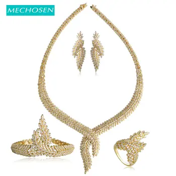 

MECHOSEN Women Bridal Nigerian Wedding Jewelry Sets Gold Color Copper Zirconia Leaves Necklace Earrings Ring Bracelet 4 Pcs Set