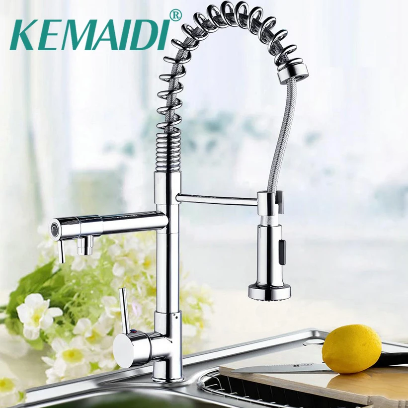 KEMAIDI Mdoern Chrome Polish Pull Out Kitchen Faucet torneira Deck Mount Dual Water Way 97168D054 Sprayer Sink Mixer Tap | Обустройство