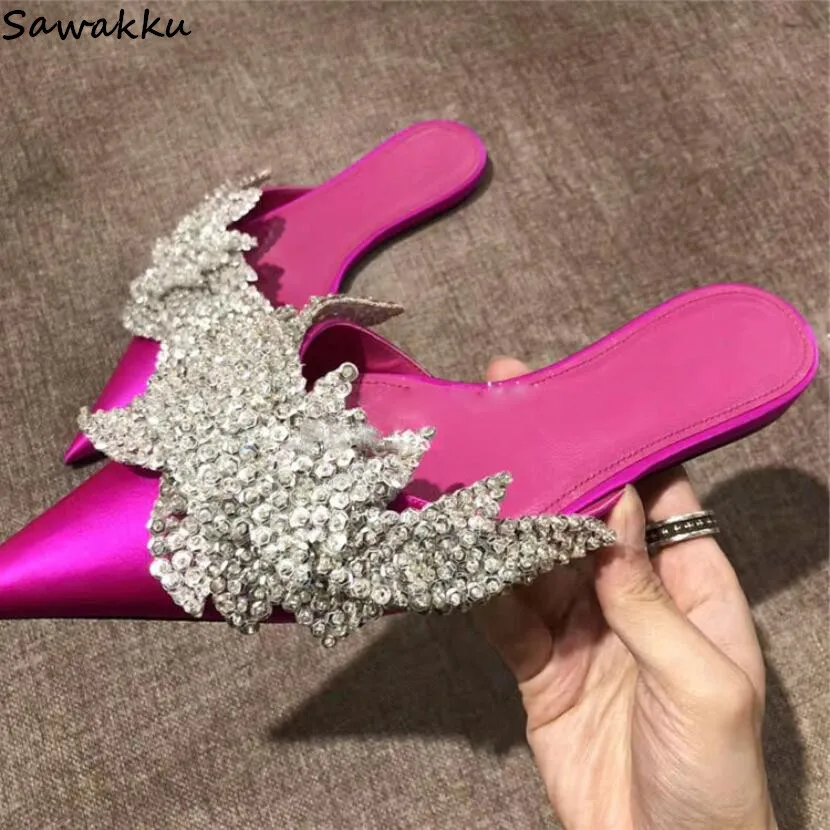 

Women Luxury Design Bling Crysatal Slippers Runway Hot Pink Silk Satin Slides Rhinestone Knot Pointed Toe Flats Beach Sandals