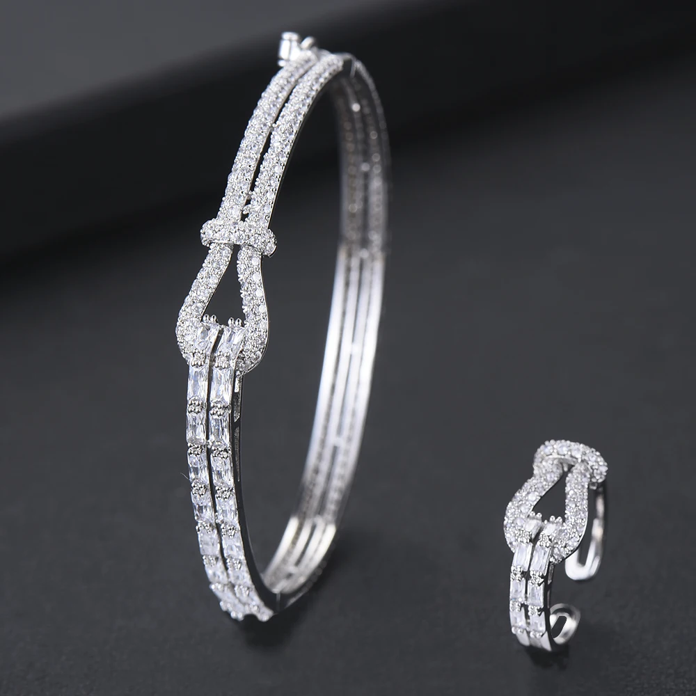 GODKI Luxury Bowknot Bangle Ring Sets Fashion Dubai Silver Bridal Jewelry Sets For Women Wedding brincos para as mulheres 2018