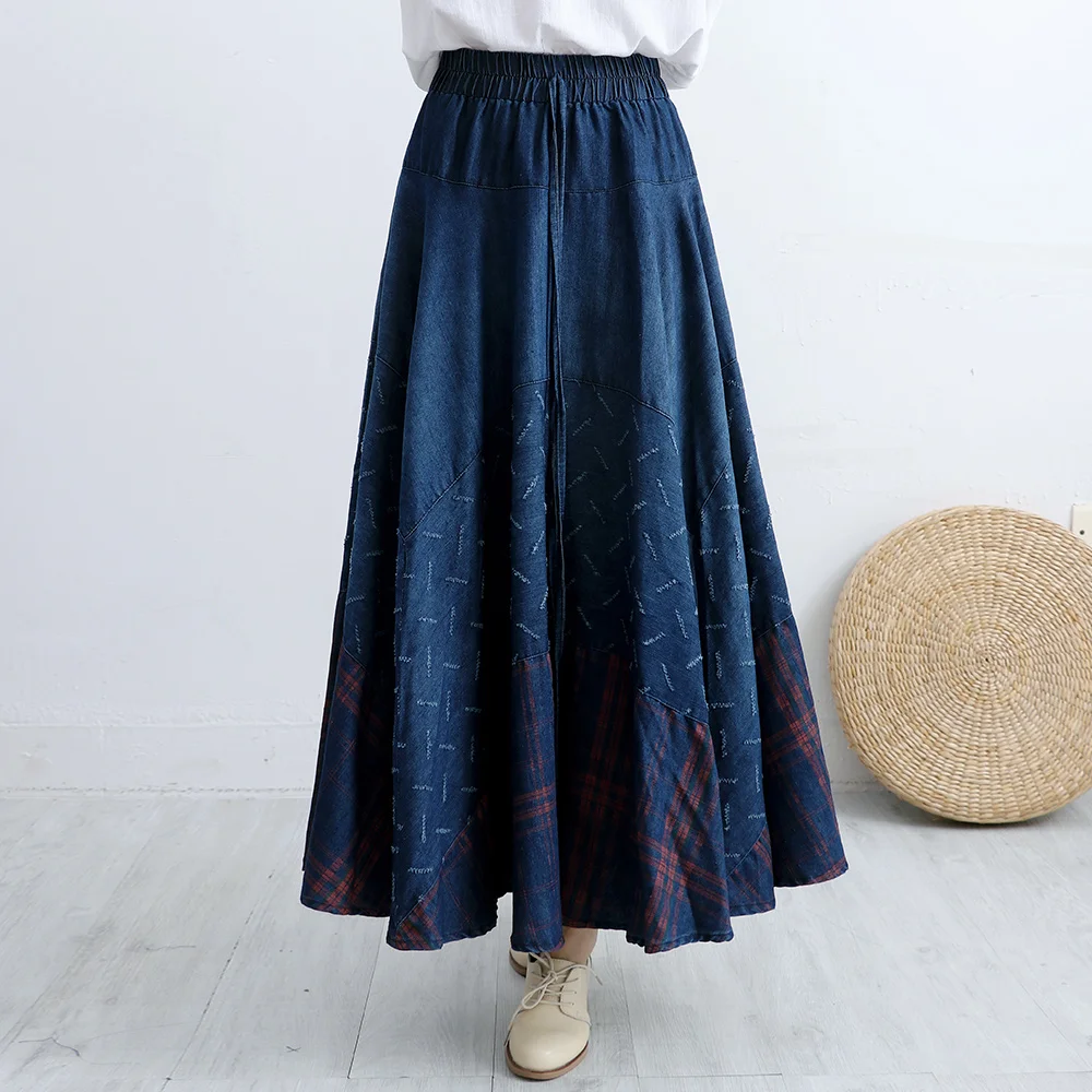 

Free Shipping 2019 New Fashion Long Maxi A-line Skirts Women Elastic Waist Spring And Summer Denim Jeans Plaid Vintage Skirts