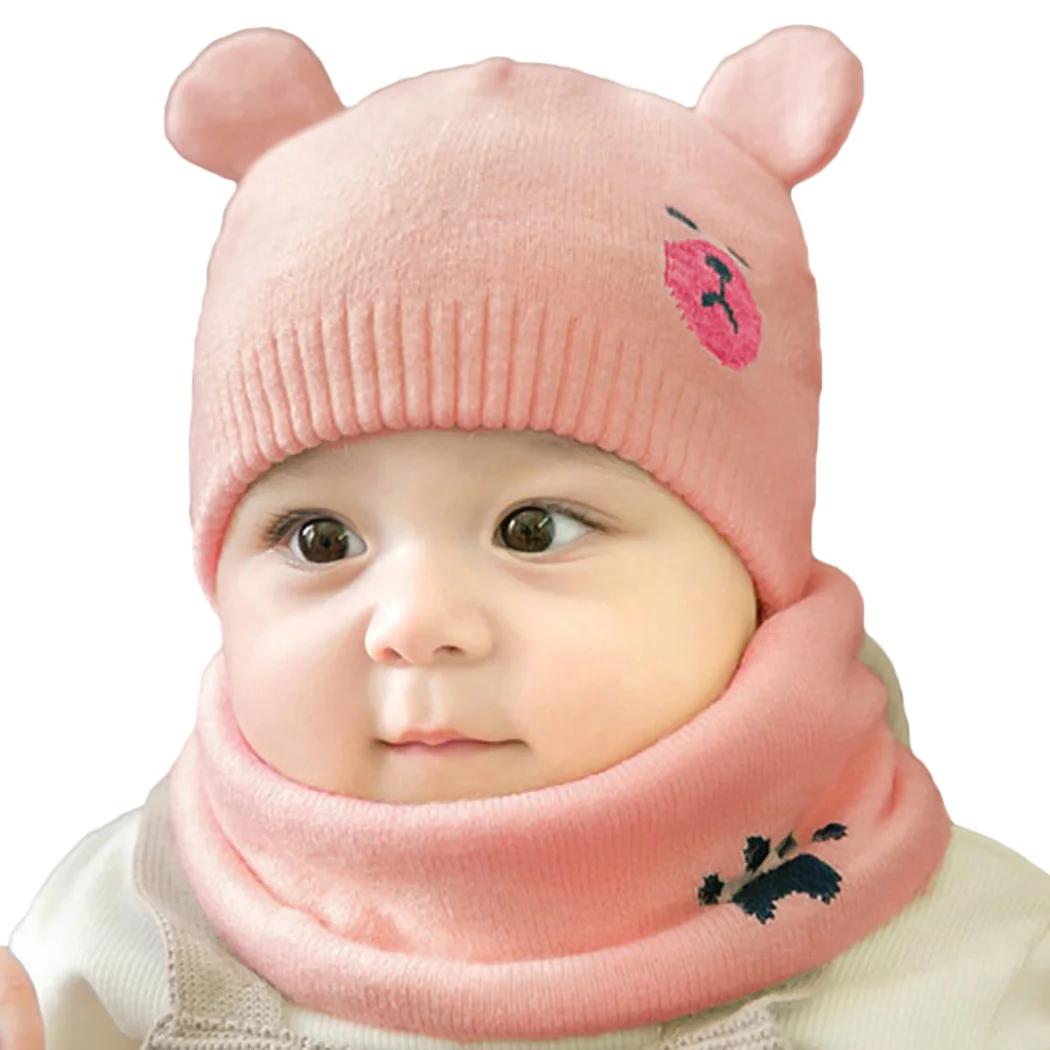 

2pcs/Set Newborn Hats Knitted Warm Bear Round Machine Cap Protects Ear Bonnet Kids Winter Caps + Scarf Beanies