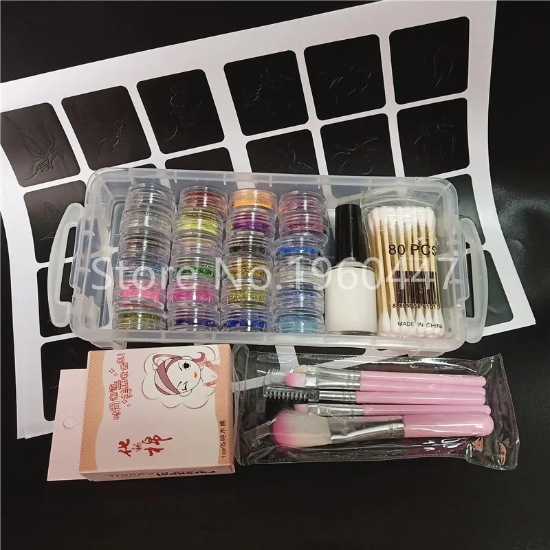 24 Colors Shimmer Powder Glitter Powder 1 Glue 5 Brushes 120 Hollow Template Kit for Temporary Tattoo Kid Face Body Painting Art