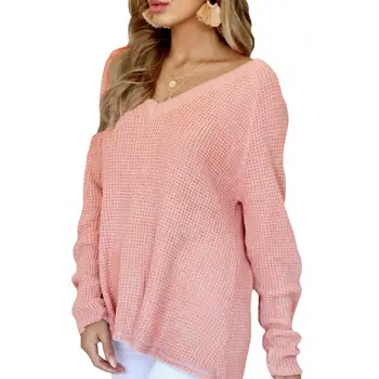 

Sexy Women V Neck Long Sleeve Sweater Loose Solid Color Jumper Knitted Pullover