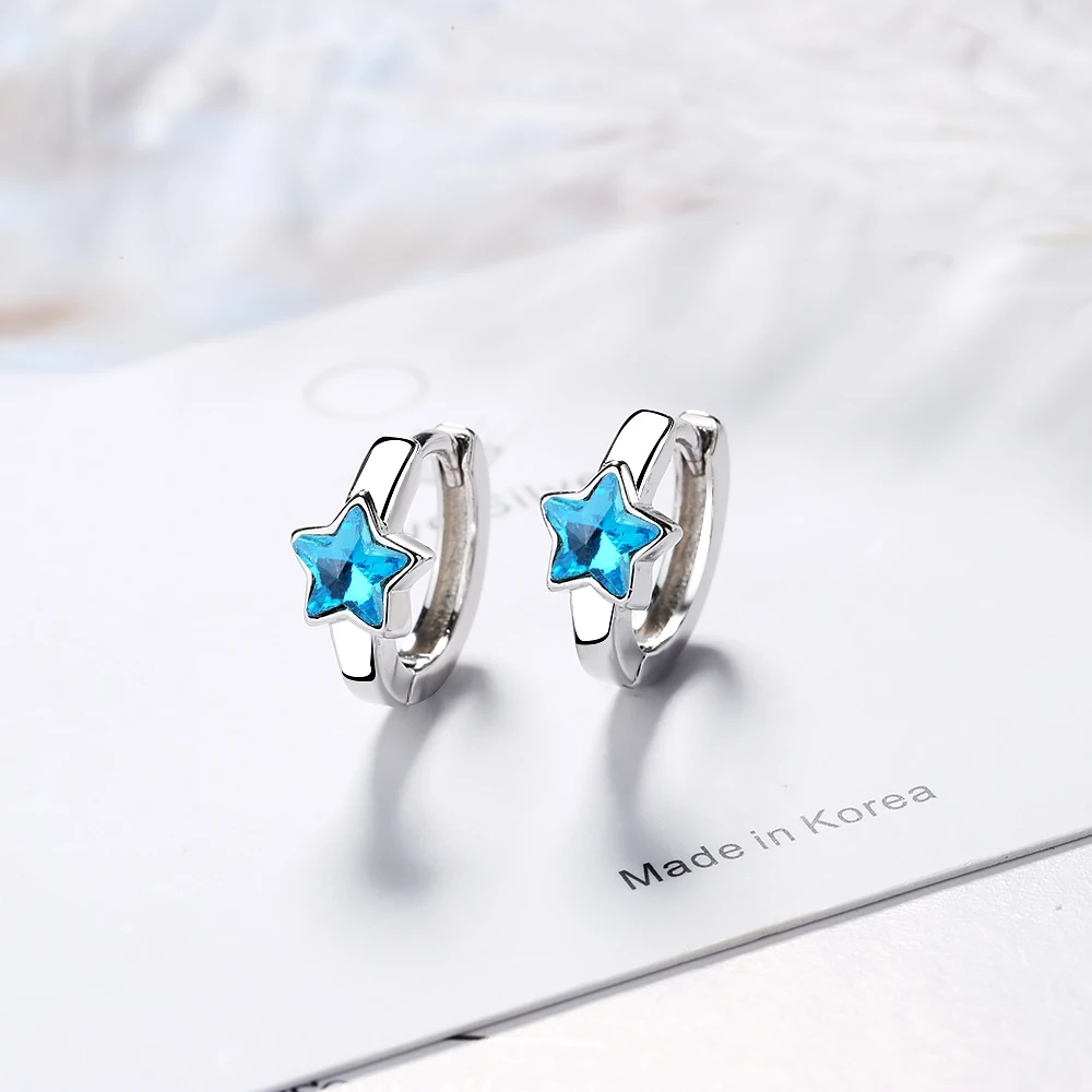 New 925 sterling silver Blue Crystal Hoop Earrings Stars Design Earring For Women Korea Japan Party Jewelry oorbellen