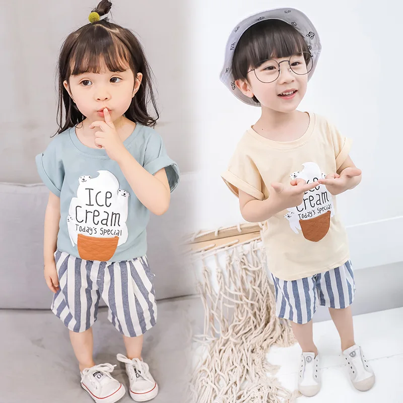 الأطفال دعوى الصيف 2019 جديد Kids'suit النسخة الكورية من القطن الكرتون قصيرة الأكمام سراويل مخططة للفتيات مجموعة ملابس