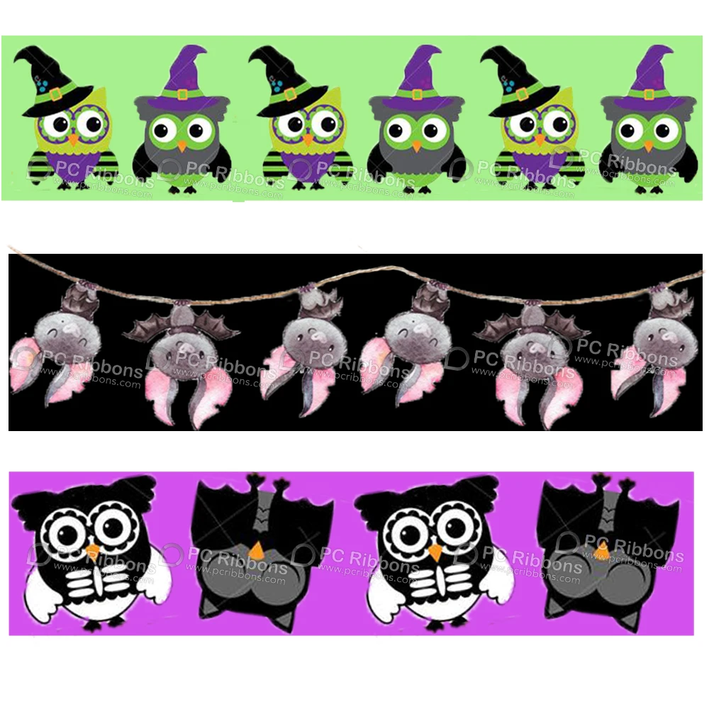 

Custom Cartoon Halloween Bat Holoween owl print grosgain ribbon Halloween wreath DIY fabric webbing 50 yards